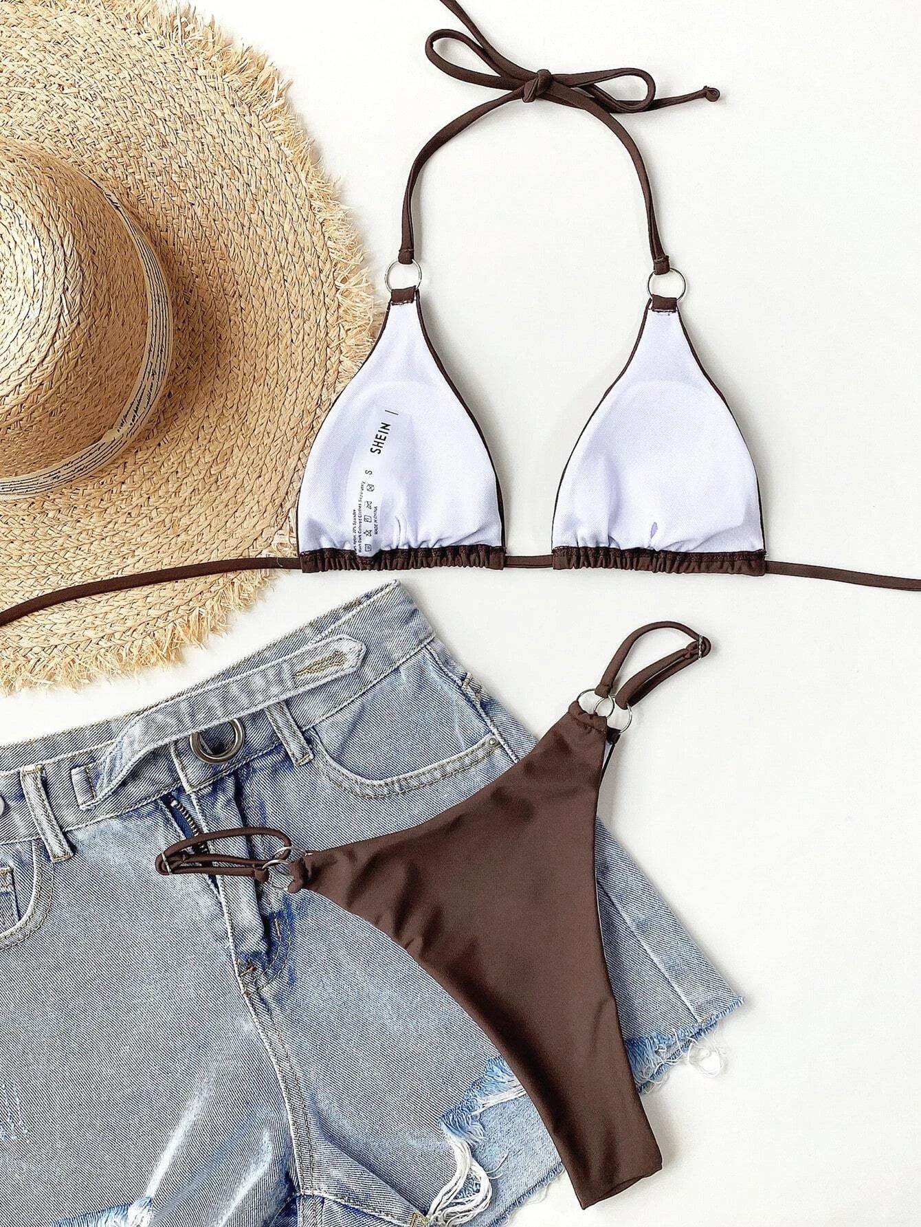SHEIN Swim Summer Beach Ring Linked Triangle Bra & Thong Bikini Swimsuit Bathing Suit
