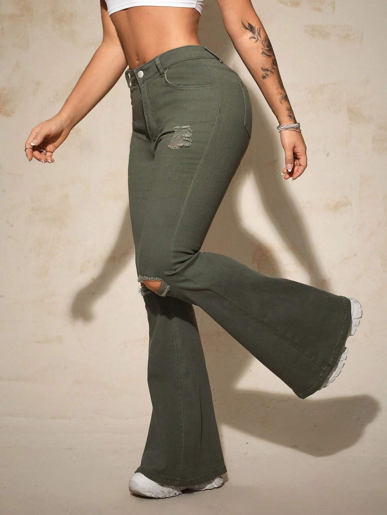 SHEIN SXY High Waist Ripped Flare Leg Jeans