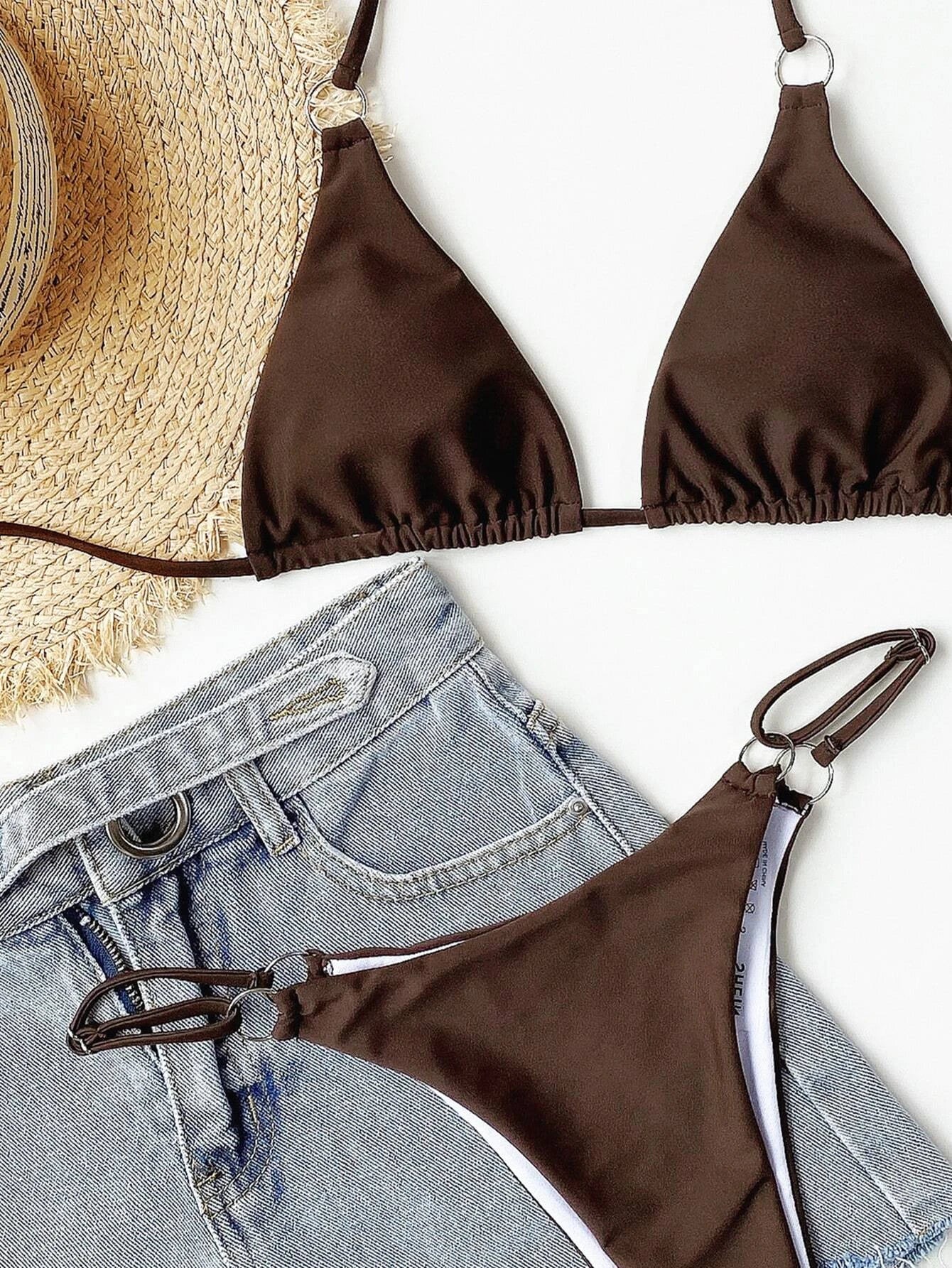 SHEIN Swim Summer Beach Ring Linked Triangle Bra & Thong Bikini Swimsuit Bathing Suit