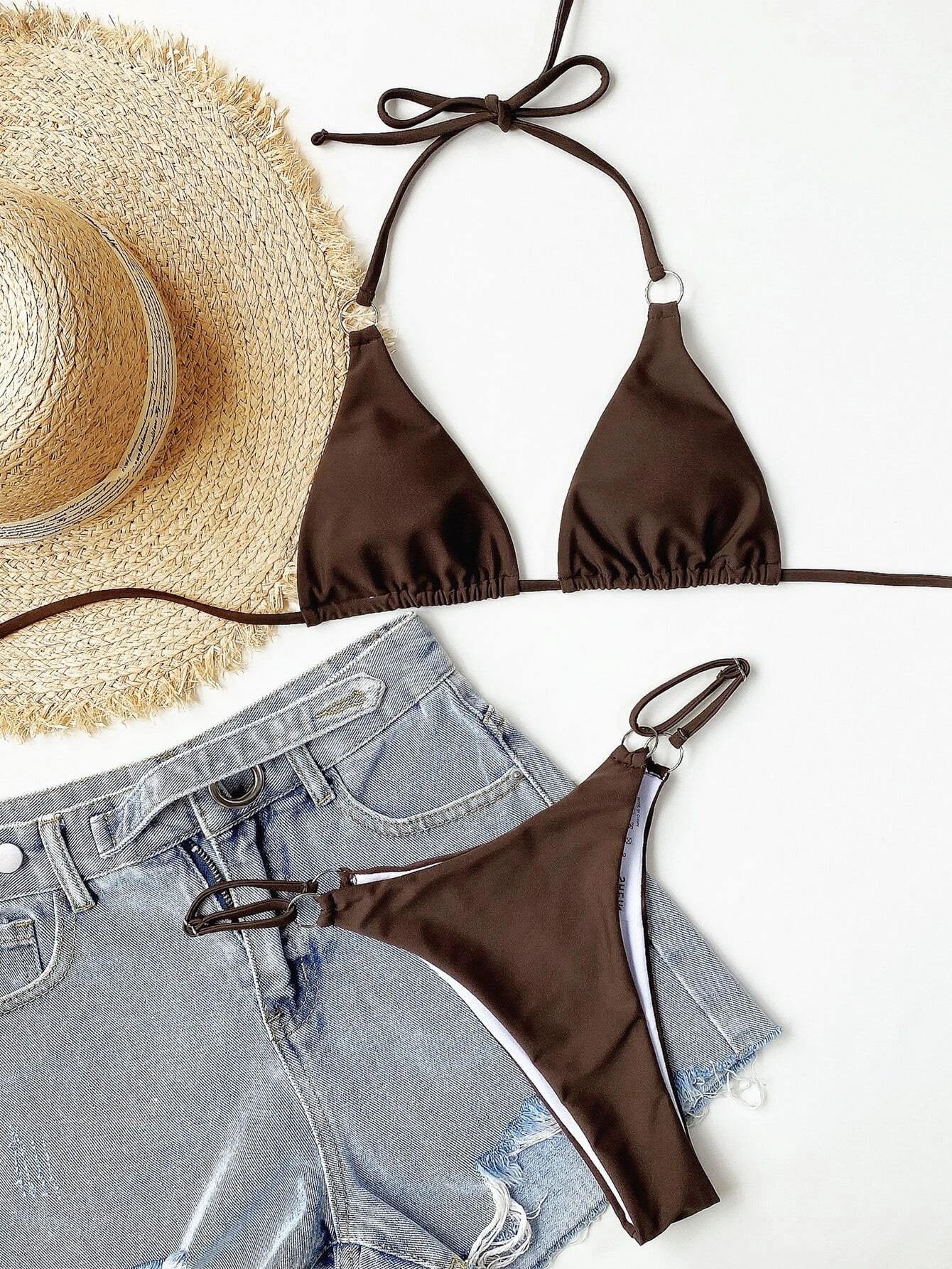 SHEIN Swim Summer Beach Ring Linked Triangle Bra & Thong Bikini Swimsuit Bathing Suit