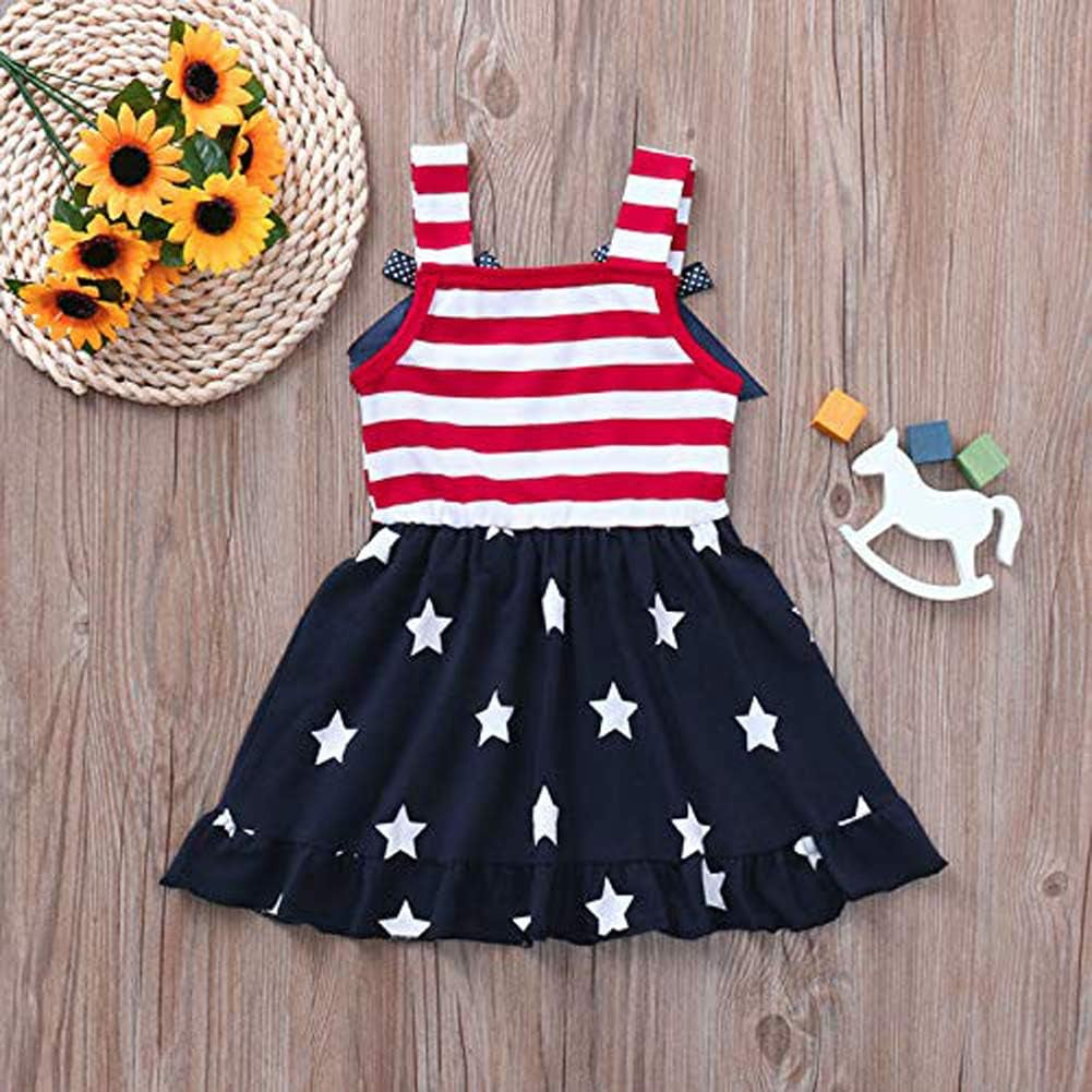 Toddler Kids Baby Girls 4Th of July Outfit Straps Bowknot Stars Striped Dress Independence Day Clothes Sundress