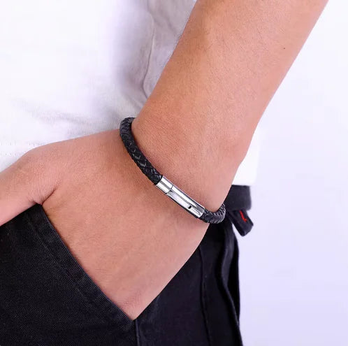 Men's Woven Leather Bracelet - Black Stainless Steel