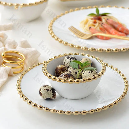 Nordic Gold Bead Ceramic Dinner Plates and Bowls