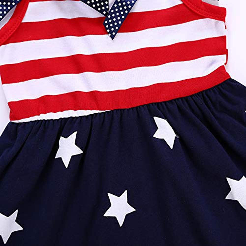 Toddler Kids Baby Girls 4Th of July Outfit Straps Bowknot Stars Striped Dress Independence Day Clothes Sundress