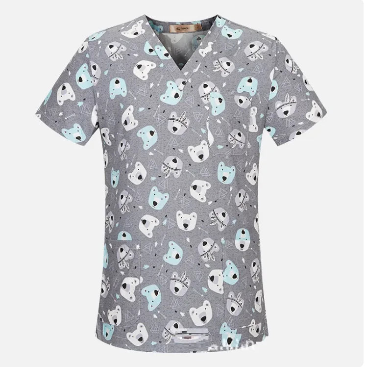 Unisex V-Neck Surgical Scrubs – Printed, Hand-Washable, Short Sleeve Workwear