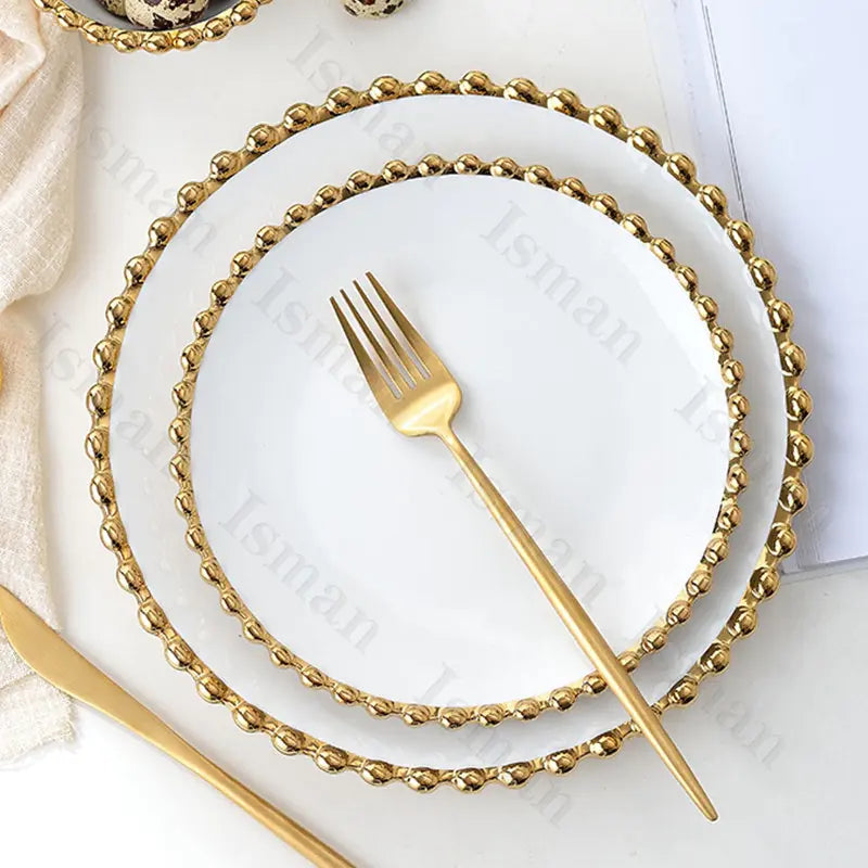 Nordic Gold Bead Ceramic Dinner Plates and Bowls