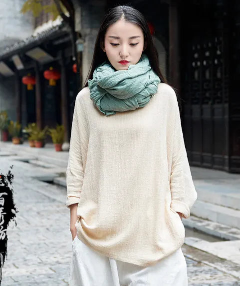 Cotton And Linen Breathable Retro National Long Sleeve Pullover T-shirt