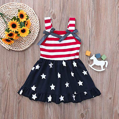 Toddler Kids Baby Girls 4Th of July Outfit Straps Bowknot Stars Striped Dress Independence Day Clothes Sundress