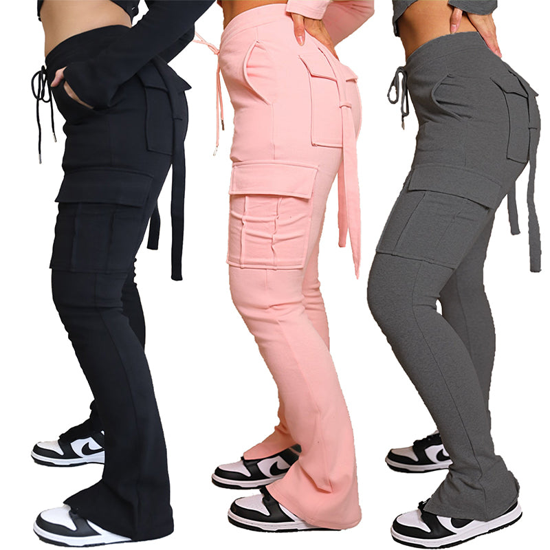 Cargo Pants with Pockets High Waist Drawstring Wide Leg Straight Trousers for Women Overalls