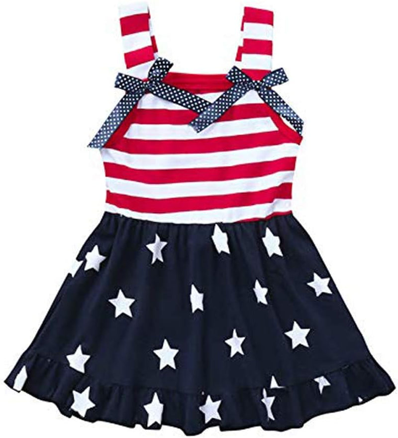 Toddler Kids Baby Girls 4Th of July Outfit Straps Bowknot Stars Striped Dress Independence Day Clothes Sundress