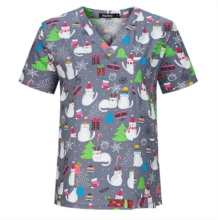 Unisex V-Neck Surgical Scrubs – Printed, Hand-Washable, Short Sleeve Workwear