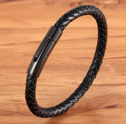 Men's Woven Leather Bracelet - Black Stainless Steel